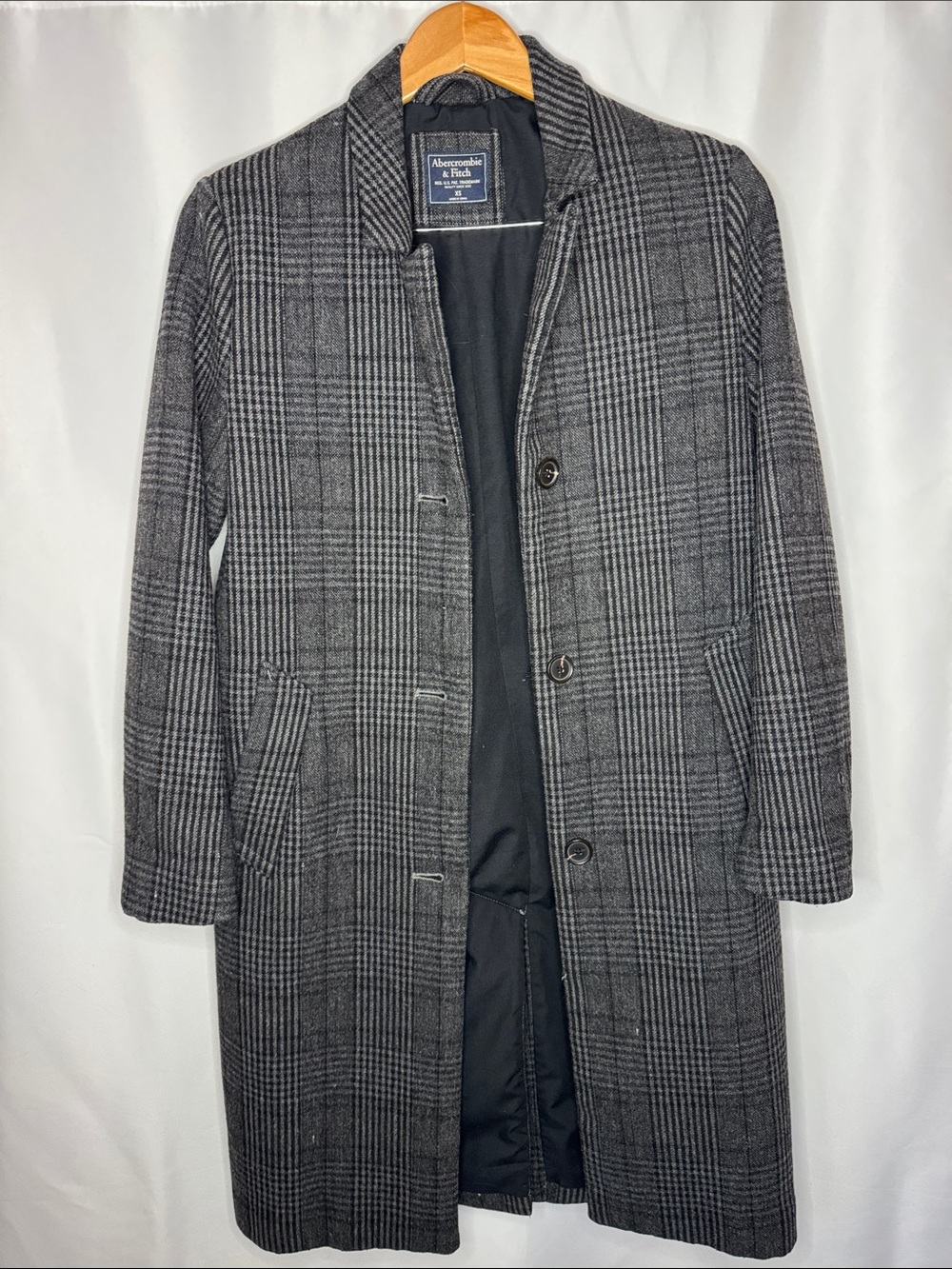 Abercrombie & Fitch Men's Gray Plaid Long Wool Coat
